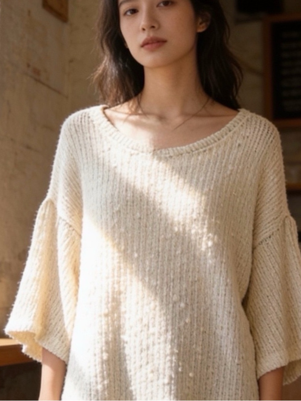 Blu Pepper | Women's Cream Knit Bell-Boho Button Sleeve Sweater | L
